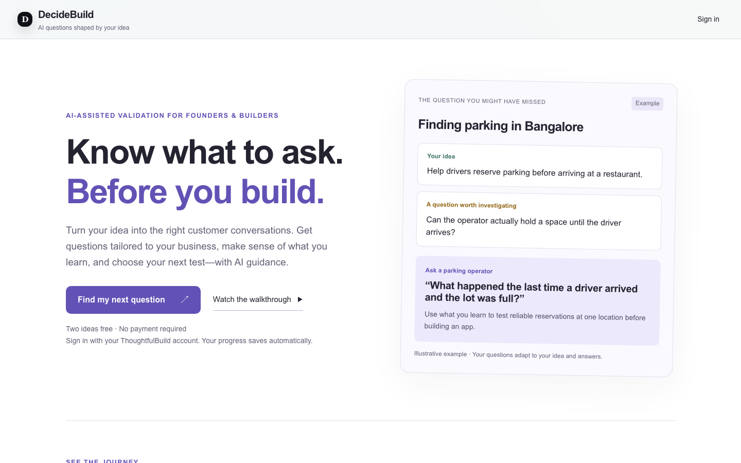 Current DecideBuild landing page showing an example question and customer interview prompt
